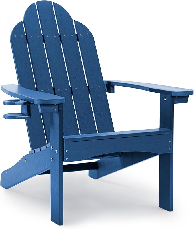 LUE BONA HDPS Adirondack Chairs Set of 6, Fire Pit Outdoor Chair Weather Resistant with Cup Holder, Modern Plastic Chair Plastic for Patio, Deck, Proch, 350LBS, Navy Blue