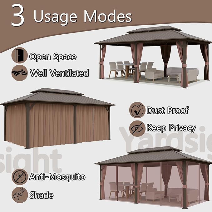 12'x20' Hardtop Gazebo, Outdoor Aluminum Frame Galvanized Steel Double Roof Pavilion with Netting and Shaded Curtains, Permanent Metal Pergolas for Patio, Backyard, Deck and Lawns.
