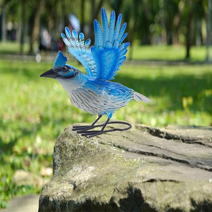 9.5" Blue Jay Garden Decor, Hand-Painted Metal Bird Sculpture, Weatherproof Yard Art for Patio, Farmhouse Spring Gift