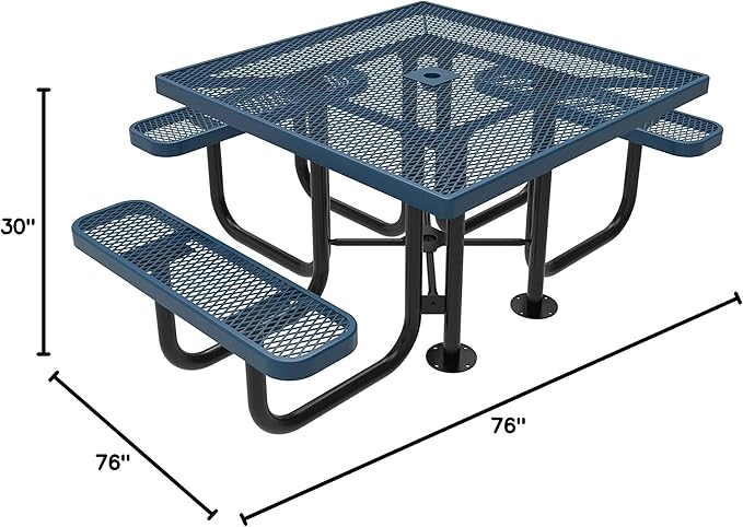 COATEDOUTDOORFURNITURE Heavy-Duty Portable ADA-Compliant Outdoor Picnic Table with Umbrella Hole, Expanded Metal Patio Dining Furniture Made in America (46" Square Top, Light Blue)