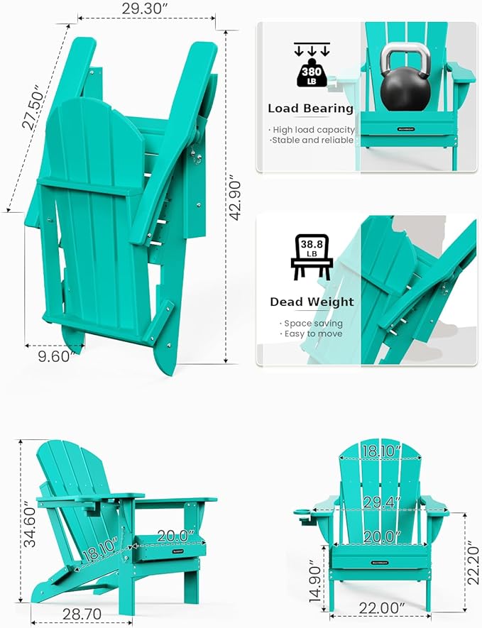 MUCHENGHY Folding Adirondack Chairs and Table Set, Outdoor Chair, Adirondack Chair Plastic, Fire Pit Chair, Weather Resistant with Cup Holder for Deck, Backyard, Garden(Lake Blue, 3-Piece)
