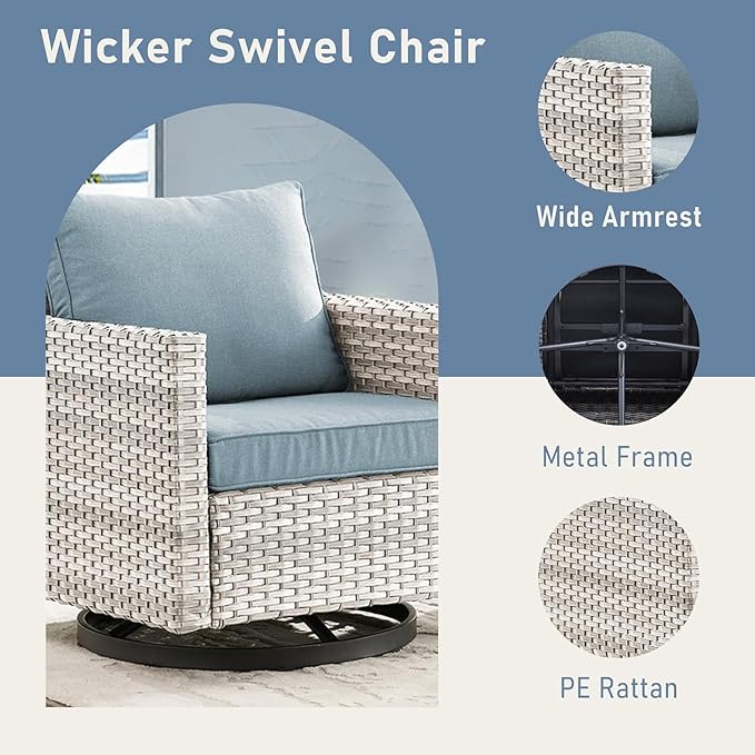 Wicker Patio Furniture Set, 6 PCS Outdoor Patio Furniture Set with Swivel Chairs, Includes 2 Swivel Patio Chairs, 1 Outdoor Couch, 1Side Table and 2 Ottoman, Light Beige/Light Blue