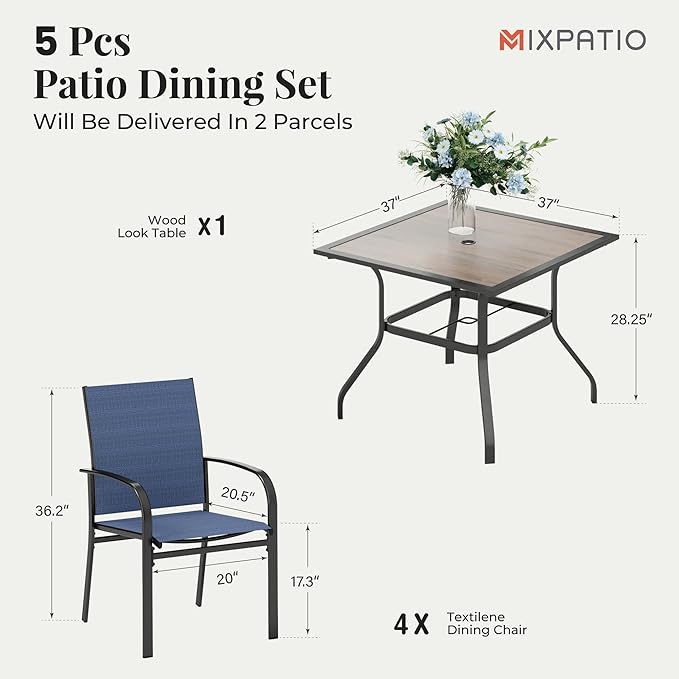 5 Pieces Patio Table and Chairs Set, 4 Person Outdoor Dining Furniture Set, 4 Blue Textilene Chairs and 37" Wood-Like Table Top Table with Umbrella Hole, for Deck Backyard Lawn