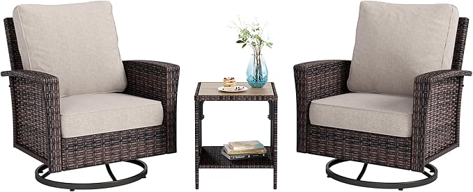 Oversized Patio Wicker Chairs, High Back Outdoor Swivel Chairs Set of 2 with Rattan Side Table, 5.5" Thick Cushions, 3-Piece Patio Furniture Sets for Deck Porch Pool, Brown/Beige