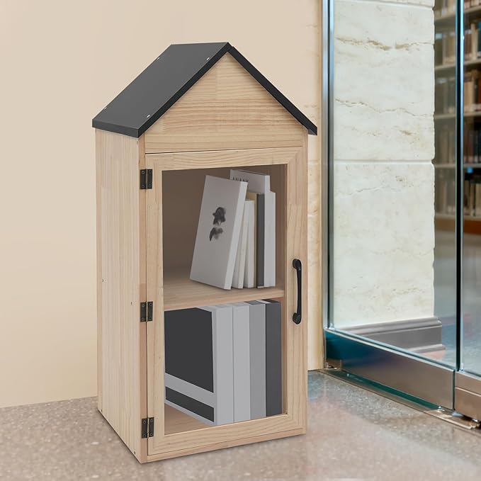 Outdoor Library Book Box - 2-Tier Literature Exchange Box Outdoor Book Storage Little Wood Cabinet with Shelf for DIY, Neighborhoods Community and Schools Sharing Books, Literature (Style 1)