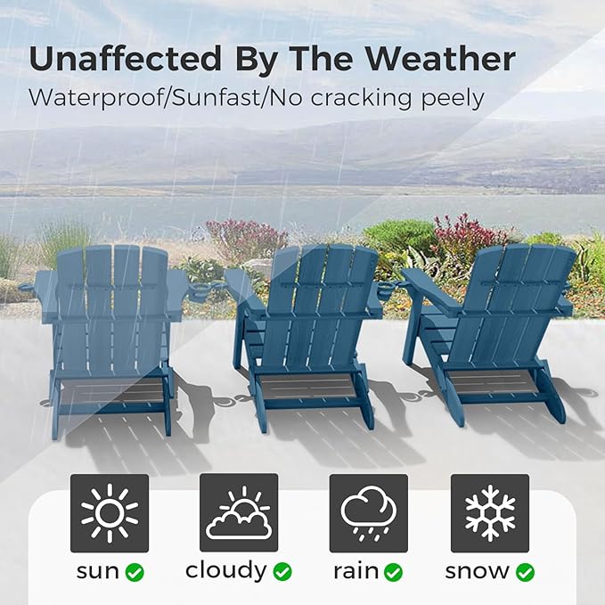 Folding Adirondack Chair Wood Texture 2 Pack, HDPE All-Weather Fire Pit Chairs, Plastic Adirondack Chairs with 2 Cup Holder, Outdoor Lawn Chair for Patio Garden (Navy Blue)