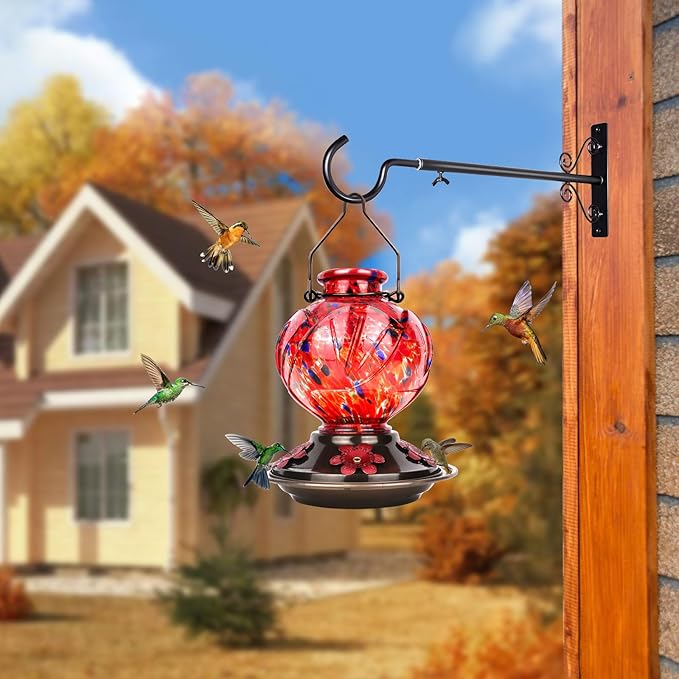 BOLITE Hummingbird Feeder, Hand Blown Glass Hummingbird Feeders for Outdoors Hanging, with Ant Moat and 5 Feeding Ports, 22 Ounces, Peony Flower Shape, Red, Gifts for Women Men, Gifts for Mom Dad