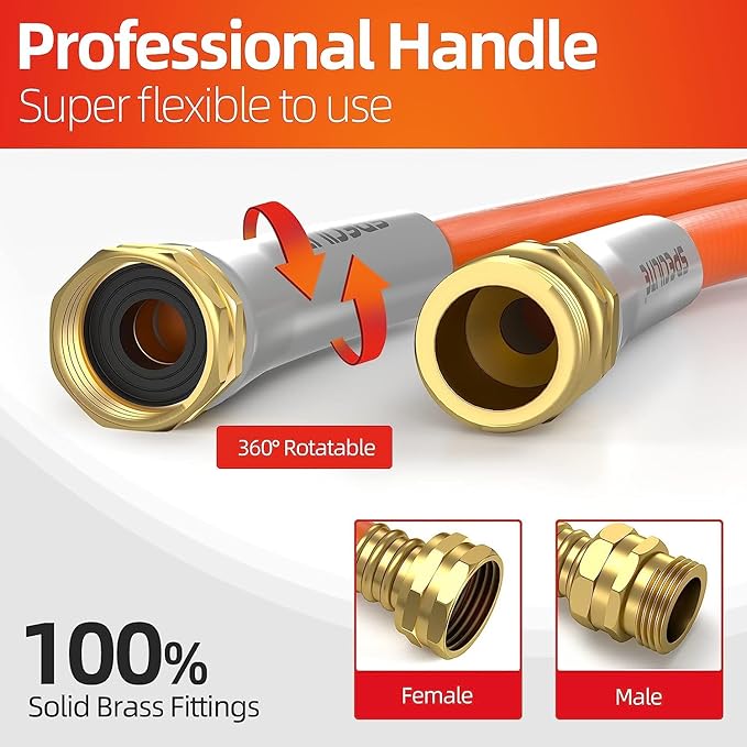 SPECILITE Garden Water Hose 200 ft x 5/8 in Heavy Duty, Flexible and Lightweight, Burst 600 psi, Kink-less Hybrid Rubber Pipe for Backyard, 3/4'' Brass Fittings, Orange