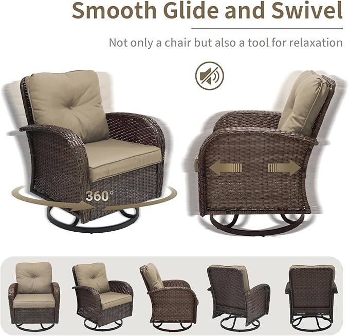 3 Pieces Patio Furniture Set, Outdoor Swivel Rocking Chair Set of 2 with Side Table - 360° Swivel, Thick Cushions, All-Weather Bistro Set for Deck, Porch, Pool(Brown, Brown Full-Weave Rattan)