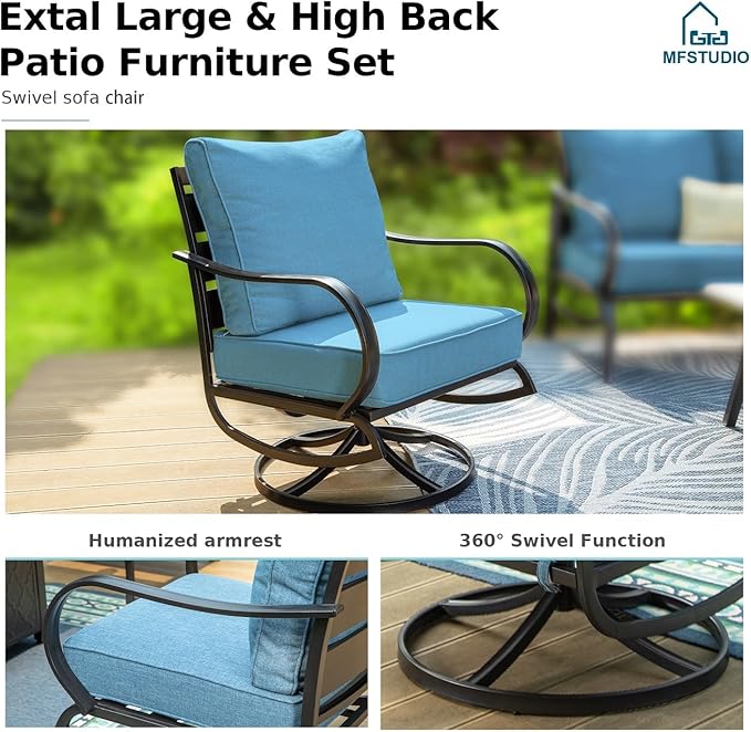 MFSTUDIO 4 Pieces Patio Conversation Sets(5 Seat),Outdoor Metal Furniture Sofas with 1 Loveseat(3 Seat), 2 Swivel Chairs,1 Coffee Table,Wrought Iron with Navy Cushion for Patio Courtyard Balcony