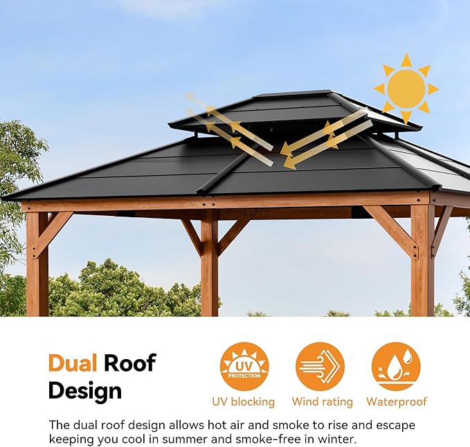 Modern Shade Wood Gazebo 11' x 13', Cedar Framed Wooden Gazebo with Double Galvanized Steel Roof, Hardtop Pavilion with Sturdy Hooks for Garden, Backyard Patio and Deck