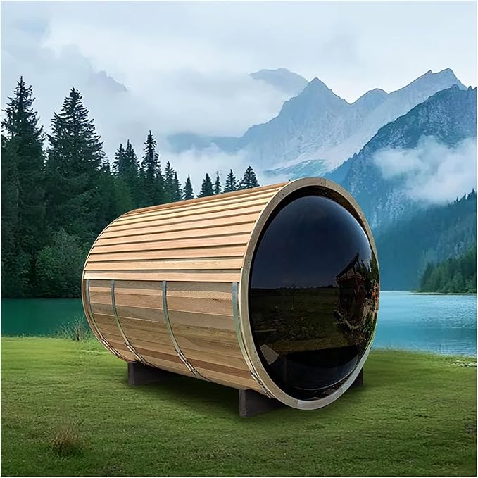 ZONEMEL Wood Steam Sauna with Panoramic View, Canadian Red Cedar Outdoor Barrel Sauna Room with 6kw ETL Certified TOULE Heater, Sauna Rocks, Wood Shingle Roof, 8 Person Sauna Bath