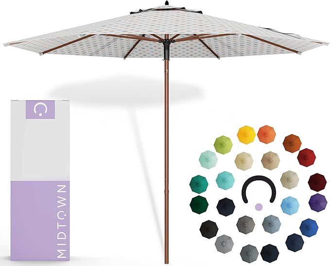 Midtown Umbrellas The Wooden 10 Feet Patio Umbrella With Sunbrella Infused Gem Acrylic Fabric - Aluminum Frame Market Umbrella For Backyard, Deck, Garden, Pool - Wooden Pole