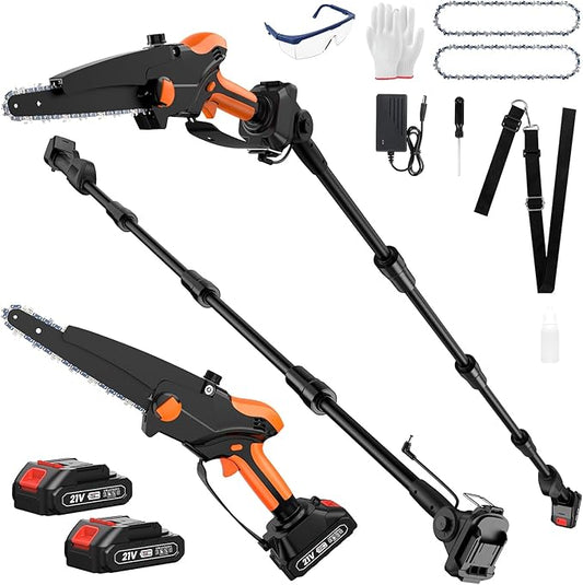 2-IN-1 Cordless Pole Saw & 8" Mini Chainsaw Battery Powered, Electric Pole Saws for Tree Trimming with 2 x 21V Batteries, Handheld Chainsaw & Pole Saw Combination