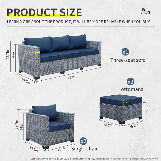 Patio Furniture Set, 5-Piece Outdoor Wicker Conversation Set with All-Weather PE Rattan, Anti-Slip Cushions & Ottomans, Sectional Sofa for Patio, Balcony & Deck, Navy Blue
