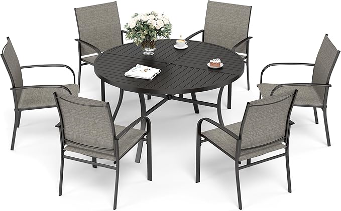 7 Piece Outdoor Dining Set for 6, 54" Round Metal Table with Umbrella Hole, 6 Brown Dining Chairs, Patio Table and Chairs Set for Backyard Lawn