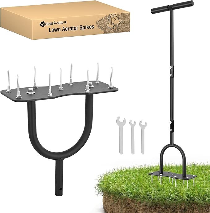 Yesker Lawn Aerator Spike Tool – Manual Metal Soil Aerator with 9 Iron Spikes, Dethatching Lawn Tool for Yard, Garden, and Lawn Aeration