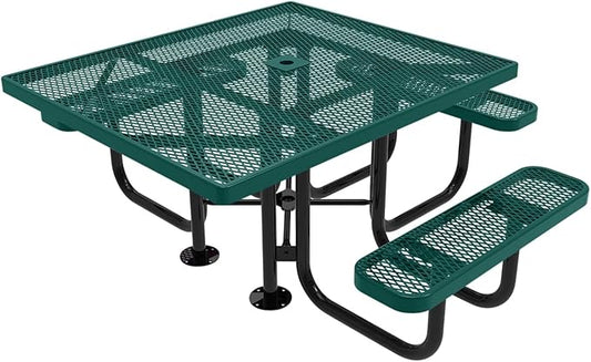 COATEDOUTDOORFURNITURE Heavy-Duty Portable ADA-Compliant Outdoor Picnic Table with Umbrella Hole, Expanded Metal Patio Dining Furniture Made in America (46" Square Top, Dark Green)