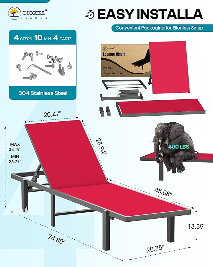 Aluminum Chaise Lounge Chair Outdoor with Wheels, Patio Lounge Chair with Adjustable 5-Position Recliner and Full Flat Tanning Chair for Patio, Beach, Pool, Red