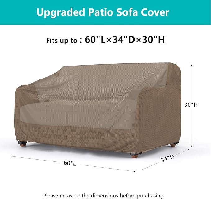 Patio Sofa Cover Waterproof - Heavy Duty 2-Seater Outdoor Couch Cover, Patio Furniture Covers with Air Vent and Handles, 60" L ×34" D×30" H, Brown