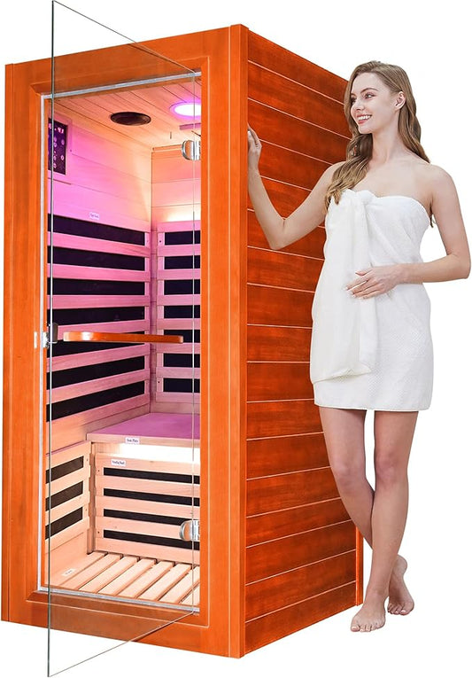 Infrared Sauna for Home Indoor Sauna Wooden Dry Sauna Room Low EMF 1020W for 1 Person with Control Panel, Bluetooth Speaker, Reading Lamp