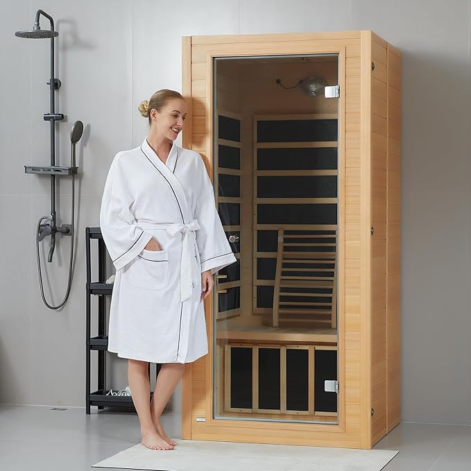 springspa Far Infrared Sauna for Home, Near Zero EMF Wood Home Sauna Room with 1400W, 9 Chromo Therapy Lights, Oxygen Ionizer, Bluetooth, LCD Control Panel for Indoor Use, 1 Person