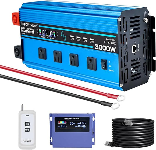 3000w Pure sine Wave Inverter DC 12V to AC 110V/120V Converter, 6000w (Peak) with LCD Display, Wireless/Wired Remote Control, 4AC outlets and 4USB.Ideal for Camping, RV Travel, Off-Grid Solar Systems