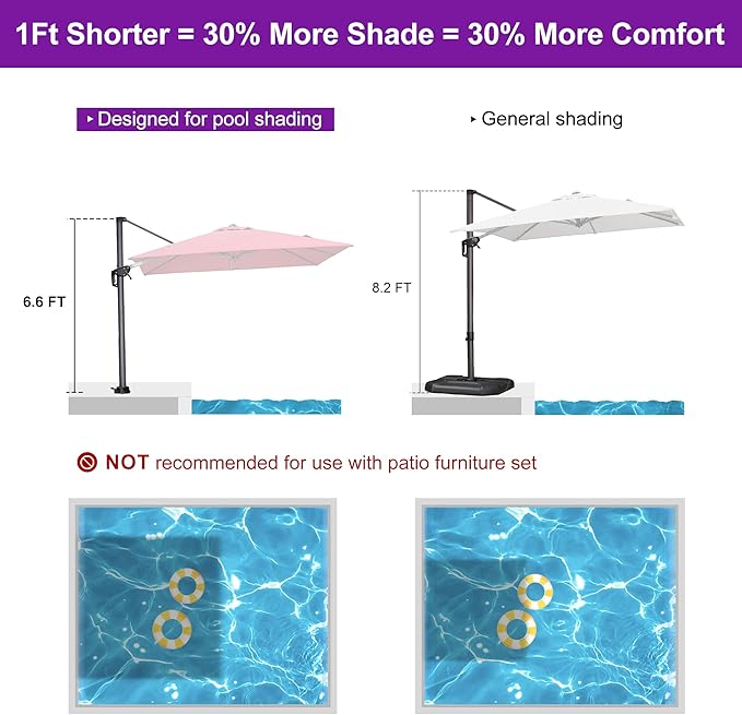 PURPLE LEAF 8' X 8' Patio Umbrella with In-ground Base for Pool 7' High Offset Outdoor Cantilever Umbrella Swimming Pool Umbrella with 360°Rotation for Poolside Terra