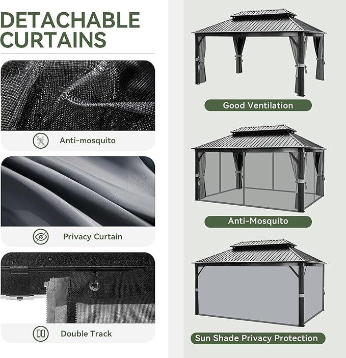 Aoxun 12FT X 16FT Hardtop Gazebo, Outdoor Pergolas with Mosquito Netting and Curtains, Galvanized Steel Double Roof Permanent Aluminum Gazebo, for Gardens, Decks, Patios, Parties, with Ground Nails