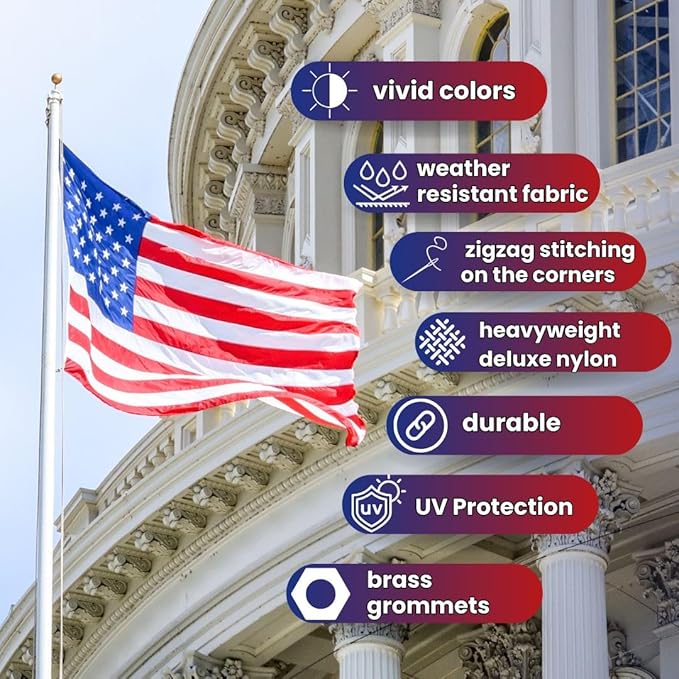 American Flag - Heavy-Duty US Flag - Embroidered Stars - Nylon USA Flag Built for Outdoors - Sewn Stripes - UV Protection - Brass Grommets (15x25 ft)