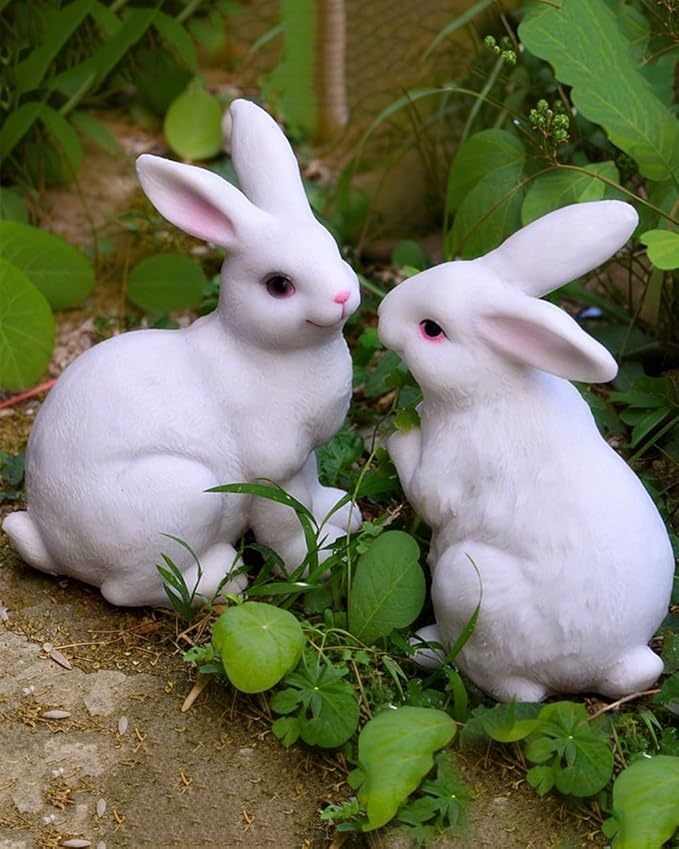 1 Pair Garden Statues Bunny Decor Resin Rabbit Figurine Cute Fairy Garden Decor Outdoor Statues for Patio Yard Porch Balcony Gifts for Women Mom Grandma White