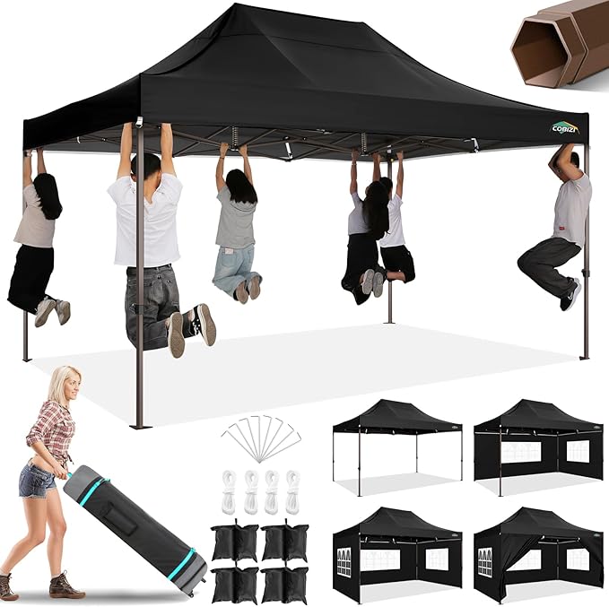 COBIZI 10x15 Pop Up Heavy Duty Canopy with 4 Sidewalls and Hexagonal Legs, Easy up Tent for Parties, Commercial and Wedding, Outdoor Canopy with Roller Bag, Sand Bags, Waterproof & UPF50+ (Black)
