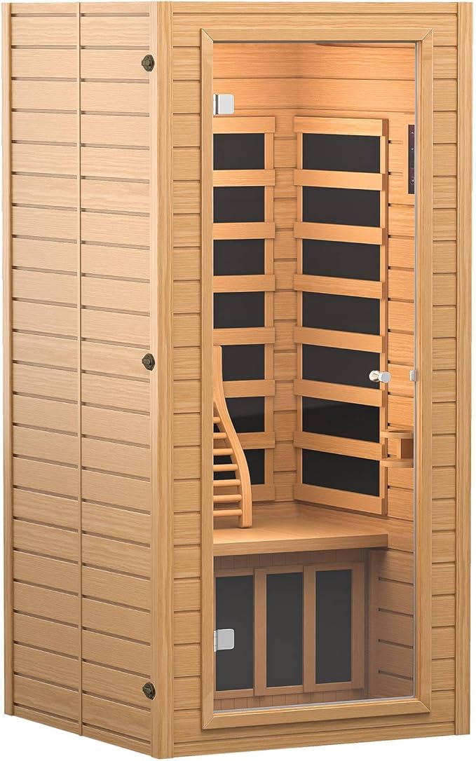 springspa Far Infrared Sauna 1 Person Indoor Sauna Spa Room, Canadian Hemlock Wooden Infrared Saunas for Home with Low Emf Lighting, Bluetooth Speakers, LCD Control Panel, 9 Chromotherapy