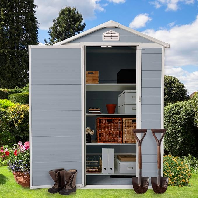 4x6 ft Outdoor Resin Storage Shed with Floor, Waterproof Plastic Garden Shed with Lockable Door and Windows, All-Weather Tool Sheds for Backyard, Patio, Lawn (Grey)