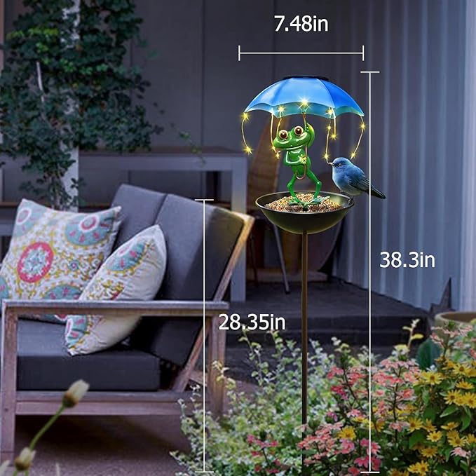 Solar Bird Feeder Frog Garden Decor, Outdoor Solar Lights Frog Figurine Lights with Umbrella, Hummingbird Feeder Decorative Path Lights Yard Art Ornament Bird Feeder (Frog)