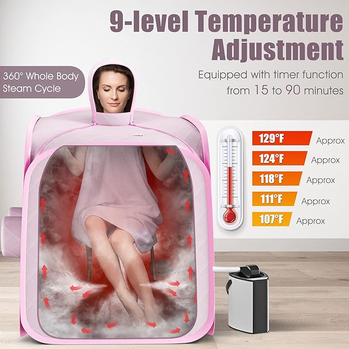 COSTWAY Portable Steam Sauna, Remote Control, 3L Steamer, Foldable Sauna Spa with 9 Temperature and 90 Mins Timer, Atomization, Personal Sauna Hat Tent for Detox Relaxation (Pink)