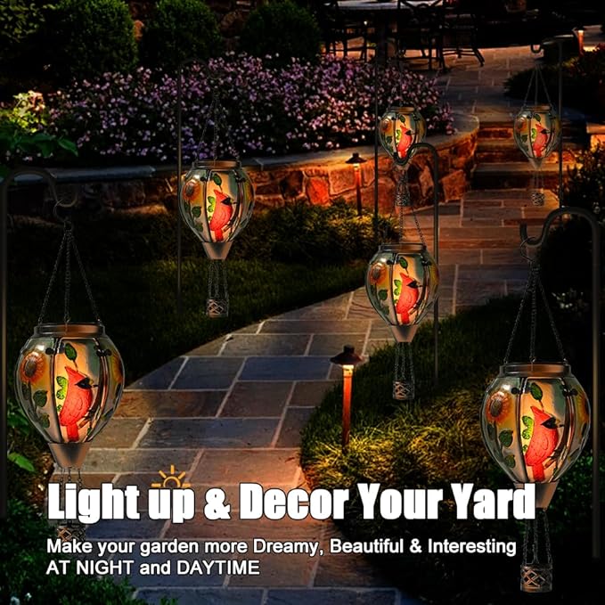 Hot Air Balloon Solar Lantern - Cardinal Bird Glass Lantern, Simulated Flickering & Dancing Flame, Outdoor Hanging Yard Light Waterproof IP65 for Patio Lawn Porch Decor Gift