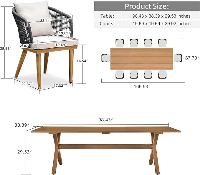PURPLE LEAF 11 Pieces Patio Dining Set Wicker Outdoor Furniture Rectangular Table and Chairs Set for Garden Deck Teak-Finish Aluminum Frame Backyard Kitchen Set, Cushions and Pillows Included