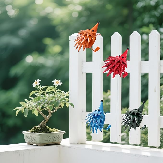 Cute Metal Hedgehog Statues (4PCS) Garden Figurines Outdoor Yard Ornaments for Patio Lawn Flower Beds Farmhouse Home Decor