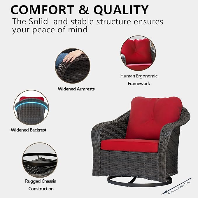 Wicker Swivel Rocking Chairs Set 2, Outdoor Brown Wicker Swivel Glider Chair Outdoor Rocking Chair with Water-Resistant Cushions, Red