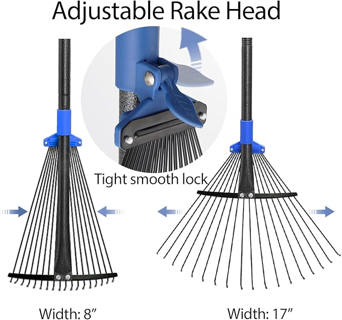 Metal Rake for Leaves Heavy Duty, Adjustable Garden Leaf Rake with Expandable Head 8-17", Shrub Pine Needle Kids Hand Yard Rake Garden Tool