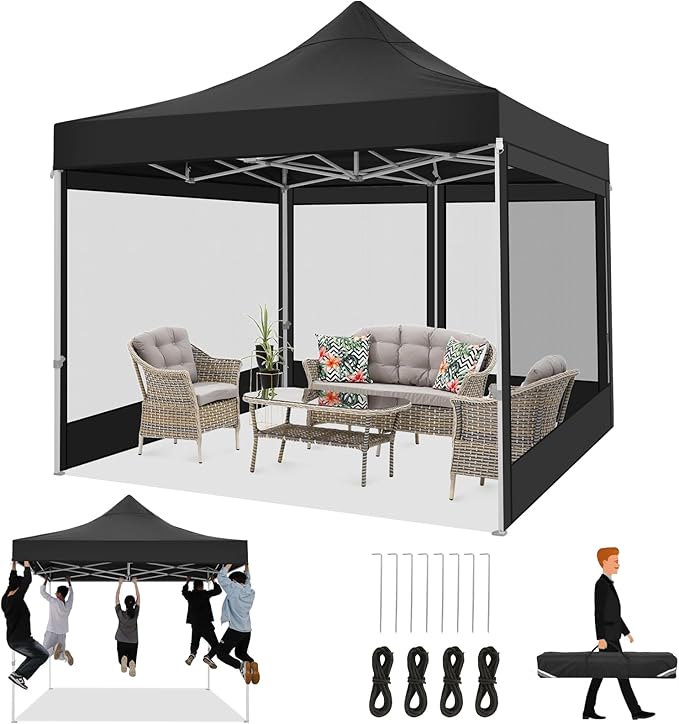 COBIZI 10x10 Heavy Duty Pop Up Canopy with 4 Mosquito Netting Wall, Easy Set Up Commercial Gazebo Party Tent, Outdoor Instant Screen Canopy for Backyard, Patio, Garden, Black
