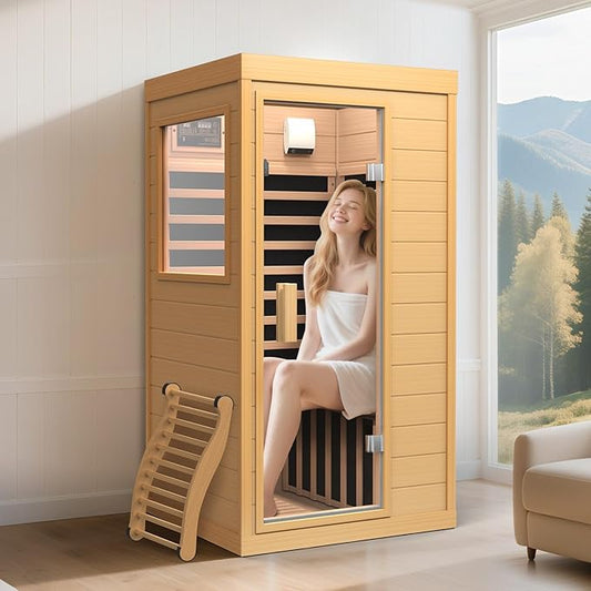 Upgraded Backrest 1 Person Sauna Infrared Sauna with Red Light Therapy, Dry Sauna Indoor Wood Sauna for Home, Hemlock Low EMF Far Infrared Sauna with Integrated Speakers, Reading Lamp