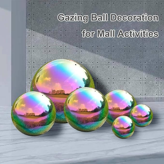 Nerien 12 Inch Gazing Ball, Stainless Steel Garden Mirror Globe, Polished Ornament Sphere, Hollow Floating Reflective Hemisphere, Home Outdoor Pond Housewarming Swimming Pool Decoration Gift, Rainbow