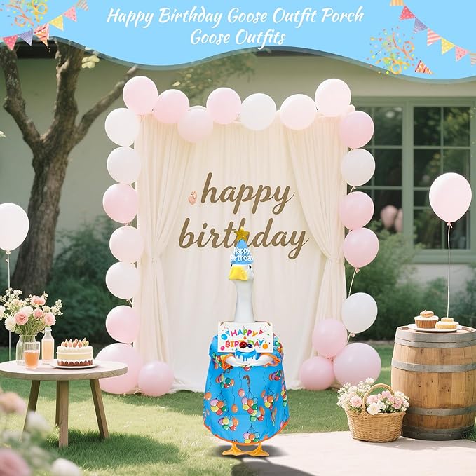 4PCS Porch Goose Birthday Outfit - Happy Birthday Goose Clothes for 23'' High Cement or Plastic Lawn Goose, Goose Dress with Hat and Sign, Garden Silly Porch Duck Costum Blue