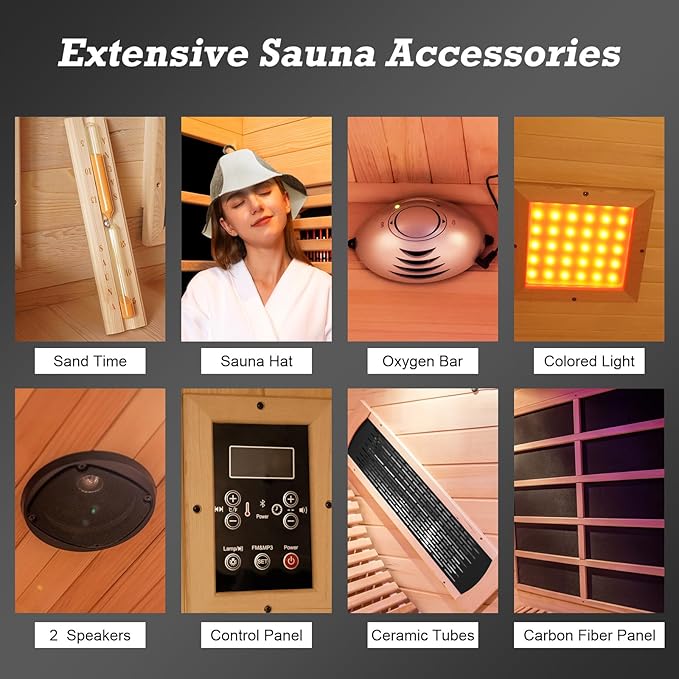 Infrared Sauna with Recliner, 2 Person Hemlock Wooden Dry Saunas with 220V/3400W, Indoor Home Sauna Spa with 9 Heating Panels, Bluetooth Speaker, 7 Color Lights, Oxygen Bar