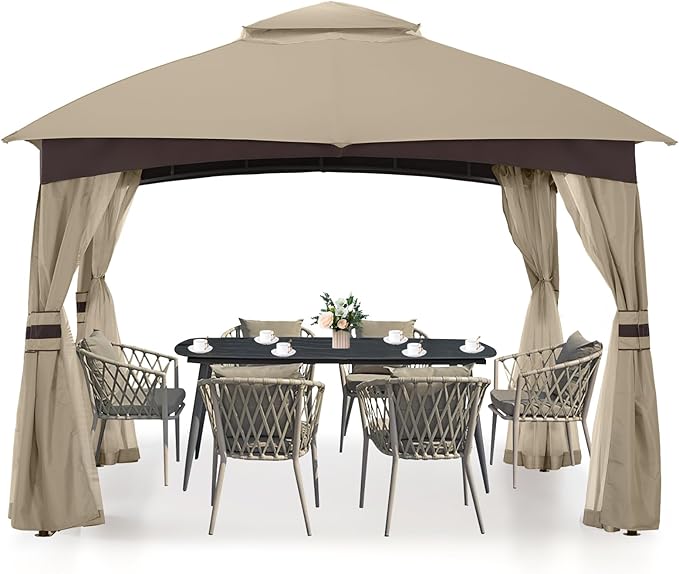 MASTERCANOPY Outdoor Patio Gazebo for Garden with Upgrade Steel Frame and Netting Walls (10x12,Khaki)