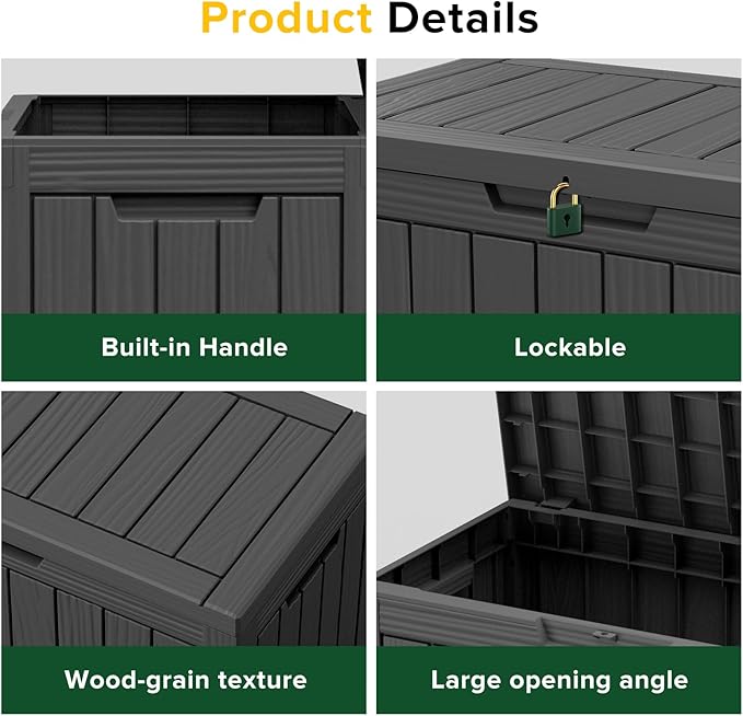 45GAL Black Outdoor Storage Deck Box with Secure Lock Hole - Weatherproof, SGS Certified UV Resistance, Suitable for Pool Toys and Patio Decor Storage, Features Sturdy Side Handles for Easy Transport