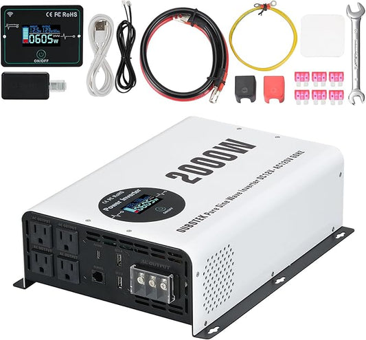 2000W Pure Sine Wave Power Inverter DC 12V to AC 120V Converter with LCD Display, Wireless Remote Control, 4 AC Outlets, 1 Hardwire Terminal, Dual USB Ports for RV Truck Boat Solar System