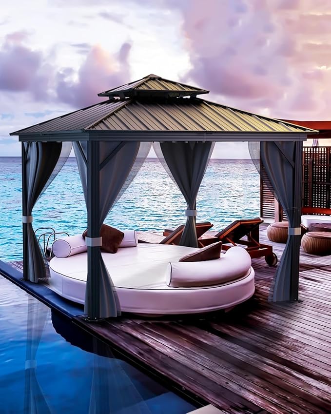 Hardtop Gazebo 12'x12' for All Weather, with Double Metal Roof, Aluminum Alloy Frame, and Net and Curtain, Permanent Building of Backyard Luxury for Patio, Deck, Backyard, Lawn, and Garden, Gray